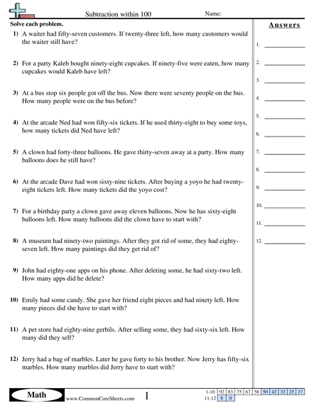 Word Subtraction Within 100 Worksheet - Word Subtraction Within 100 worksheet